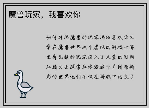 魔兽玩家，我喜欢你